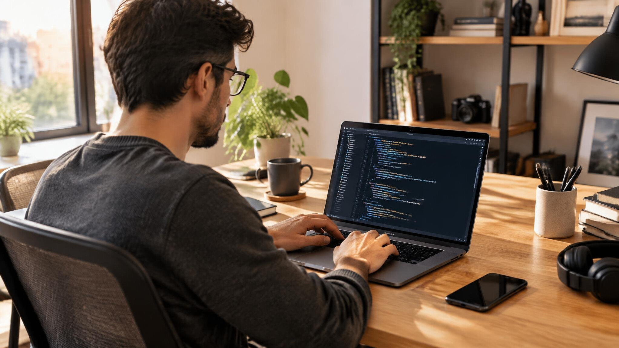 Developer working on a laptop with code on screen